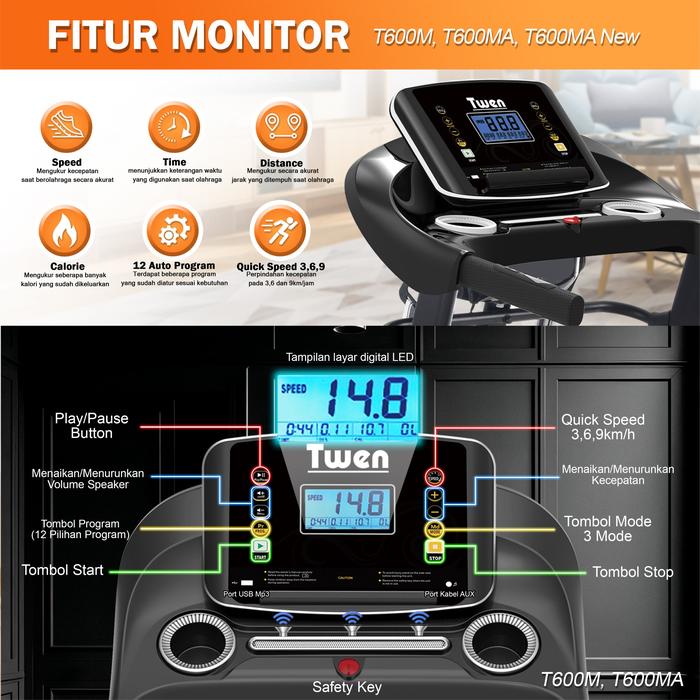 TWEN T600MA Treadmil Listrik Multifungsi Treadmill Gambar produk 2