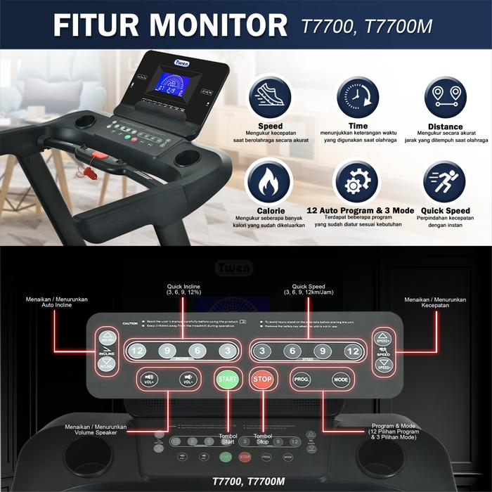 TWEN T7700 Treadmill Listrik Multifungsi Portable Treadmil Lipat Gambar produk 8