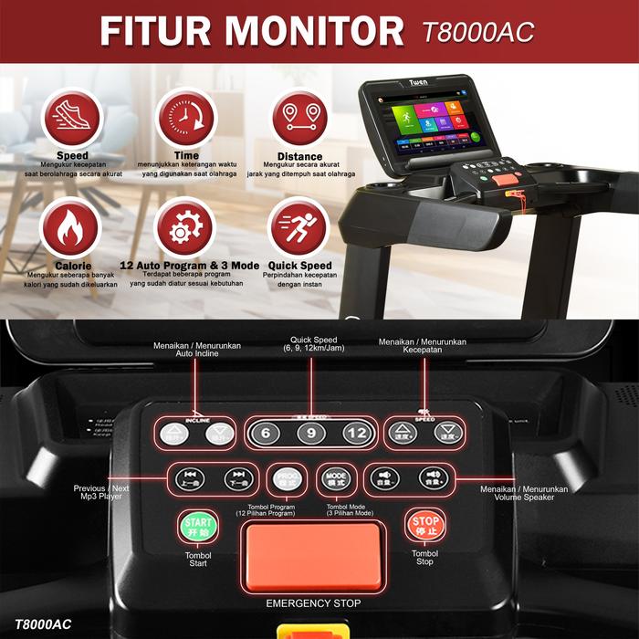 TWEN T8000AC Treadmill Listrik Multifungsi Portable Treadmil Gambar produk 7