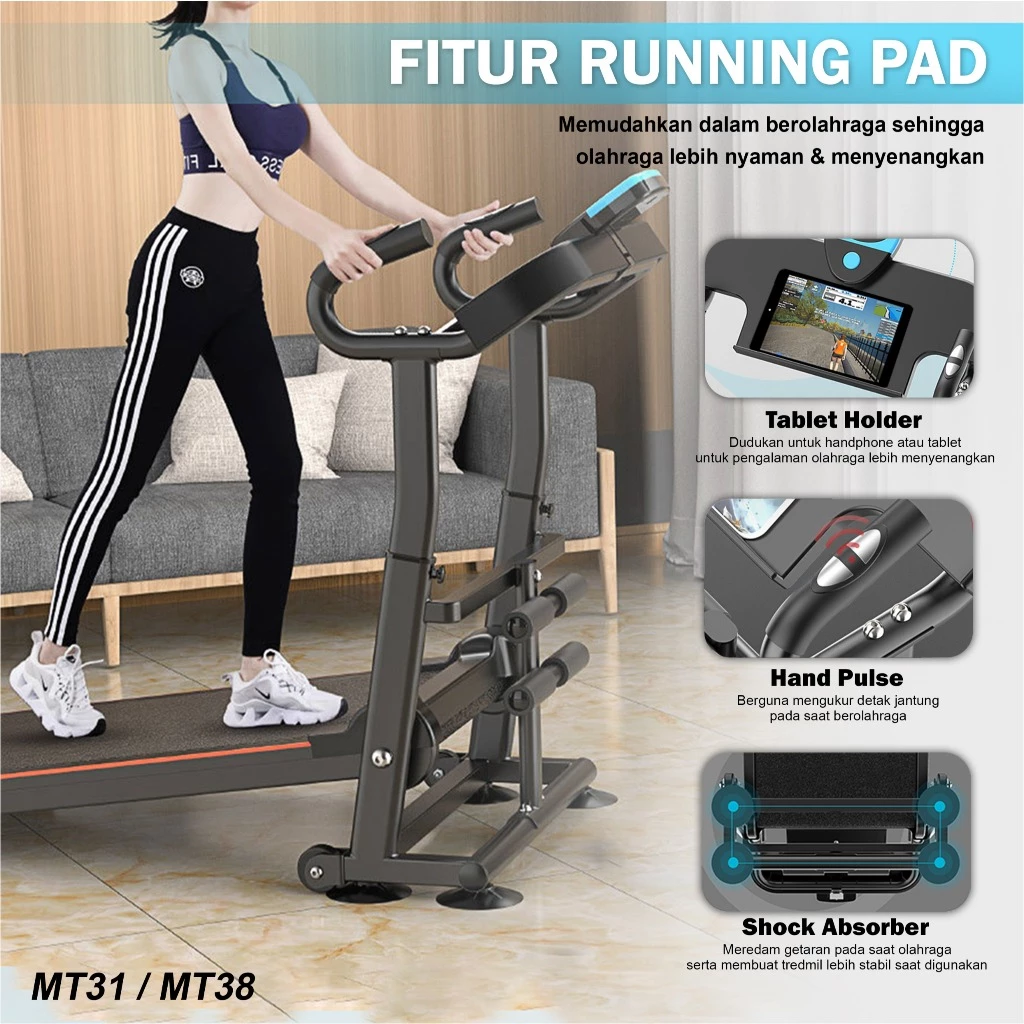 TWEN MT38 Treadmill Manual Tanpa Listrik Portable Multifungsi Gambar produk 4